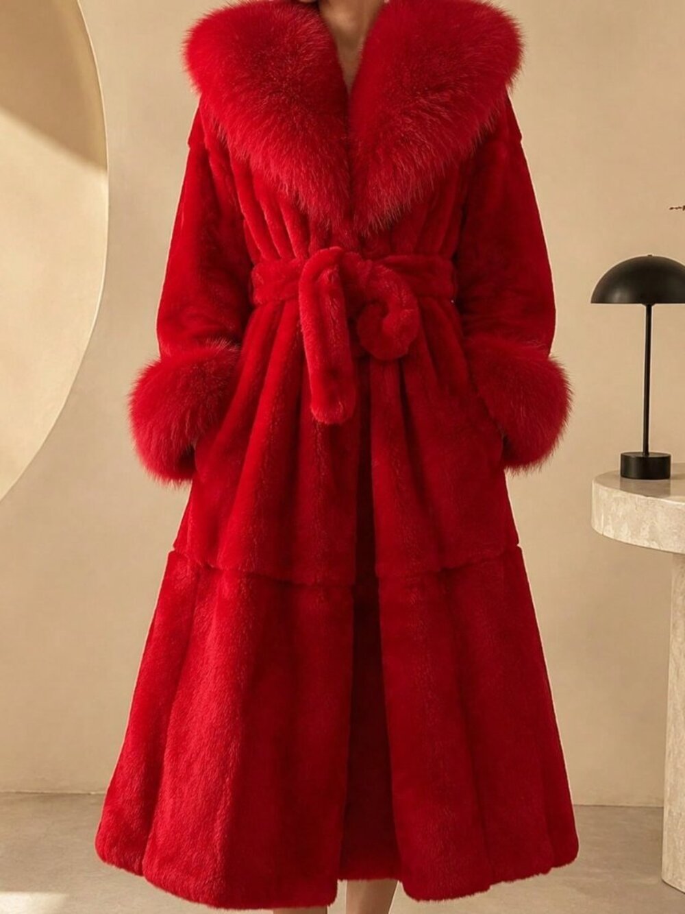 Red Elegant Women's Single Breasted Plain Regular Midi Faux Fur Coat
